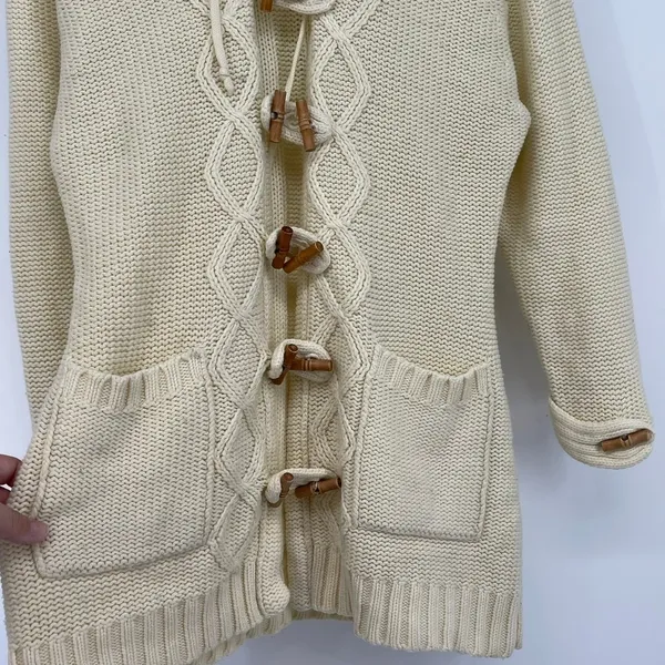Vintage Monarch Knits Cable‎ Knit Hooded Toggle Cardigan Sweater Ivory Size L - Image 4