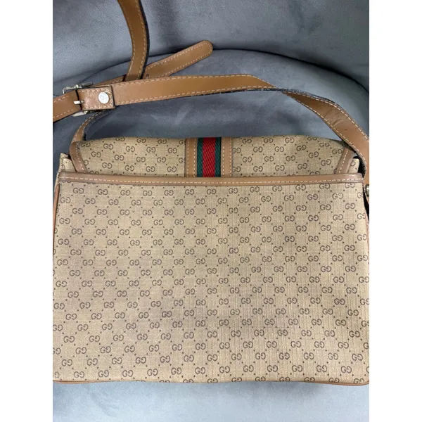 Micro GG gucci Web Stripe Flap Crossbody Bag | Tan Leather & Beige Canvas - Image 5