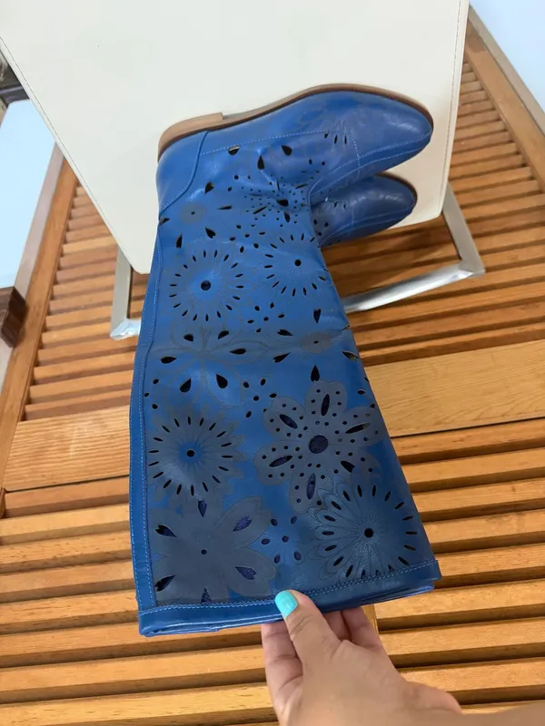 RARE Unbranded Blue Perforated Leather Summer Boots Boho Laser Cut Size 39 - Image 19