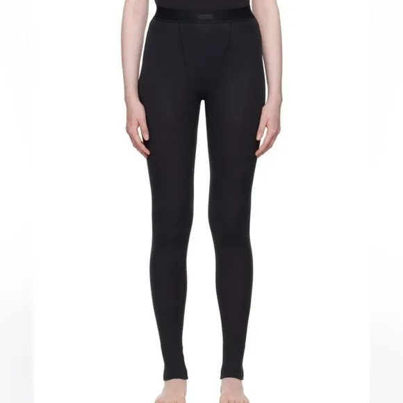 Skims M Stretch Cotton Rib‎ Leggings Black Soot Logo Waistband Loungewear NWT - Image 2