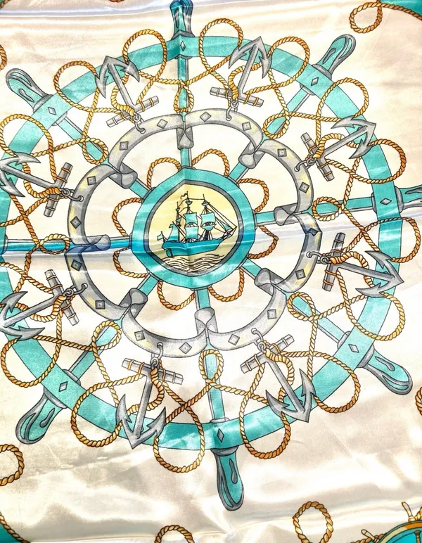 Vintage Square Sailing BOAT,WHEEL&Anchor 35/35 Oversized TEAL satin Silky SCARF - Image 8
