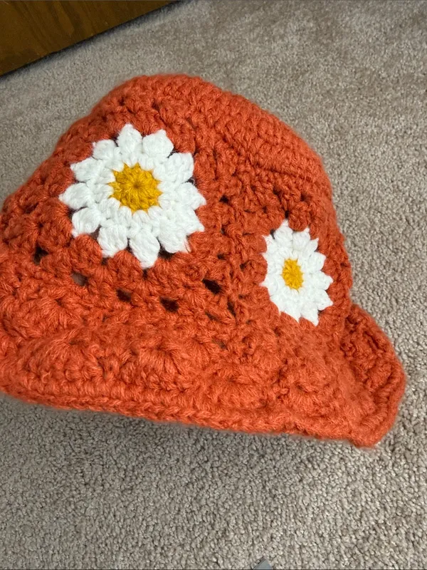 Source Unknown Crochet Flower Bucket Hat Orange Weaving Wide Brim Bucket Fisherman Cap - Image 6