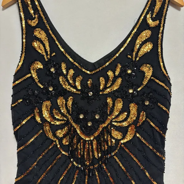 Babeyond Flapper Dress Black Gold Sequin Fringe Gatsby 1920s Costume Party‎ L - Image 5
