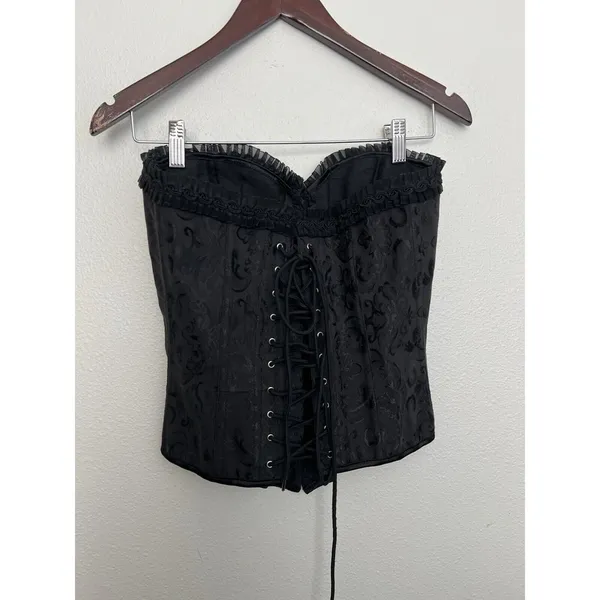 Gothic Black Brocade Corset Top Bustier Lace-Up Victorian Steampunk Grunge XXS - Image 3