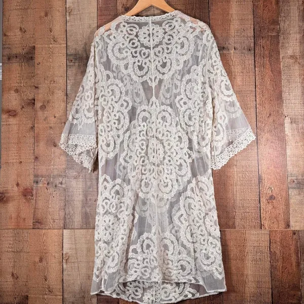 Veveret Ivory Floral Lace Kimono Duster Sheer Boho Bridal Swim Cover Up M/L - Image 6