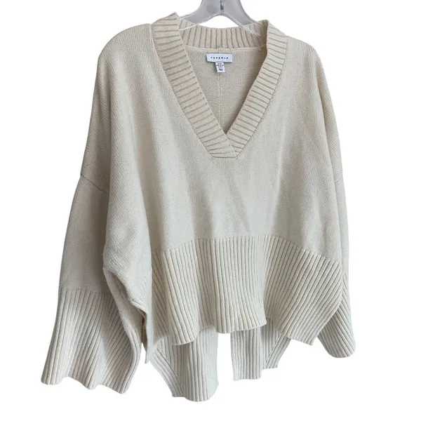 Topshop Womens Cream V-Neck Split Back Oversized Knit Sweater Ivory XS 0-2‎ - Image 9