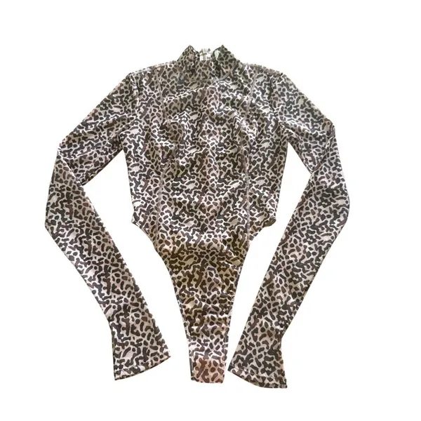 HOUSE OF CB Eleanor Mesh Bodysuit Size Small Brown Leopard Mock Neck Long Sleeve - Image 4