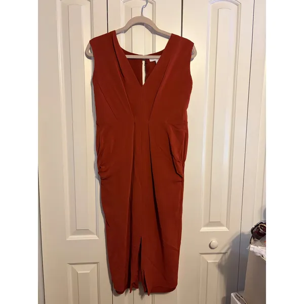 REISS Gracie Pleat Detailed Midi Dress‎ Rust Orange US 10 - Image 3
