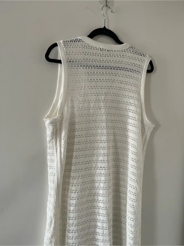 White Open Knit Crochet Button Front Sleeveless Midi Dress Large Coastal Resort - Image 8