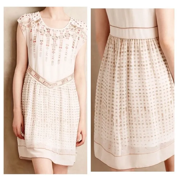 One September Anthropologie White‎ Embroidered Sleeveless Shift Dress Small - Image 2