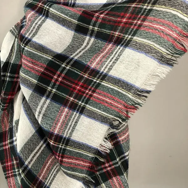 Long Scarf w/ Frayed Ends Plaid Pattern Multicolor One - Image 3