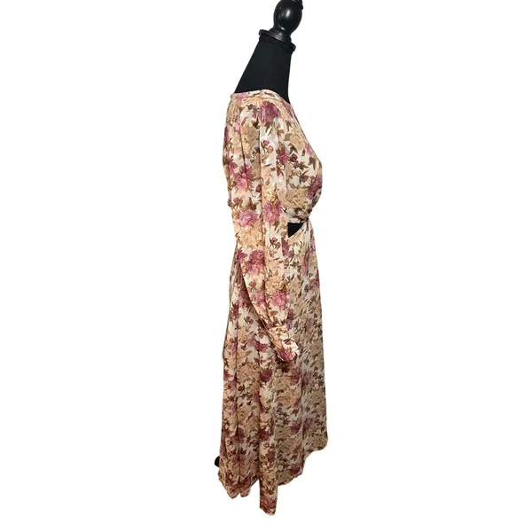 En Saison Floral Jacquard Cut Out Midi Dress Pink Tan Long Balloon Sleeve Resort - Image 4