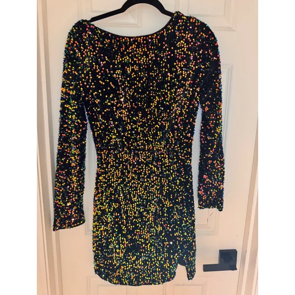Bella Barnett NWT Sequin Mini Dress M Black Rainbow Long Sleeve‎ Open Back Dress - Image 3