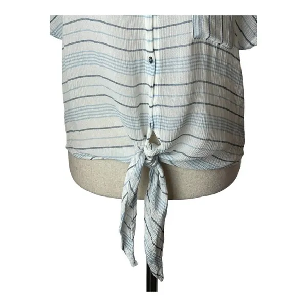 Olivaceous Shirt Women Medium Blue White Striped Tie Front Button Down Preppy - Image 5