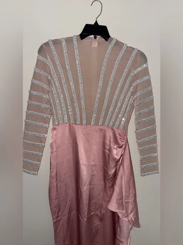 Pink Mesh Bodice Satin Skirt Evening Dress - Image 4