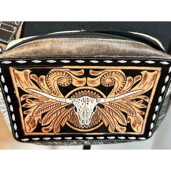 Myra Bag Tooled Leather Longhorn Hair-on Hide Crossbody Bag Brown Western Small - Image 2
