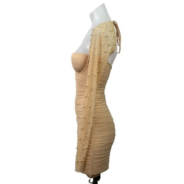 Oh Polly Orange Beaded Long Sleeve Open Back Ruched Mini Bodycon Dress Size S - Image 2