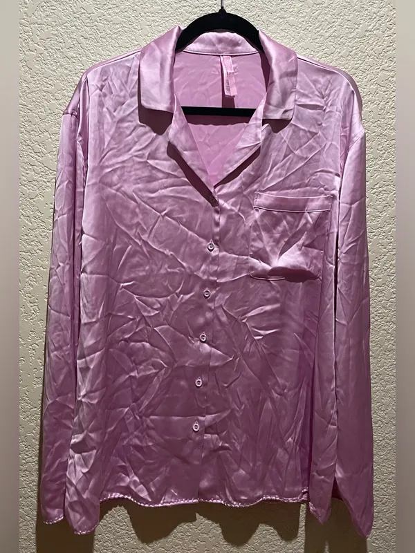 SKIMS Woven Shine Long Sleeve Sleep Set Pajamas Pink Rose Size M NWT - Image 13