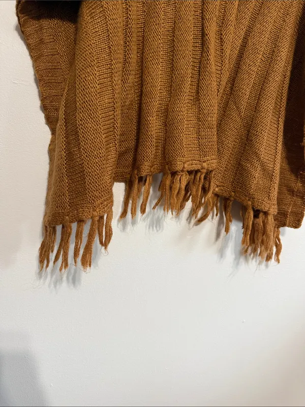 Ultra Flirt Cozy Fringe Mock Neck Poncho in Tan/Brown - Image 5