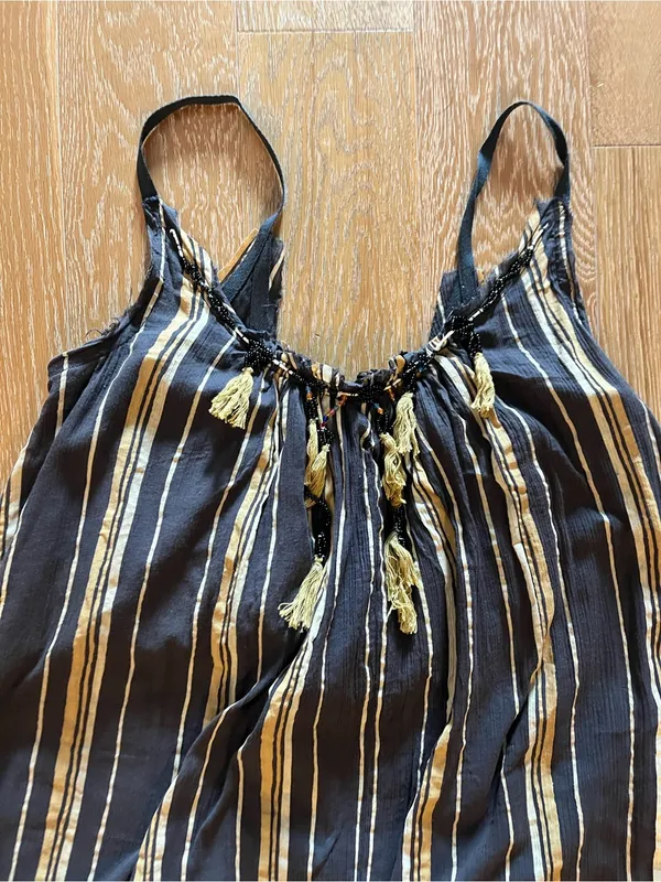 Free People Unearthen Black & Mustard Striped Tassel Maxi Dress oversized - Image 5