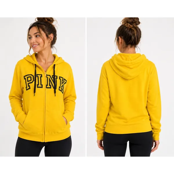 PINK Victoria's Secret Hoodie Women Large Yellow Full Zip Logo Sweatshirt - Image 2