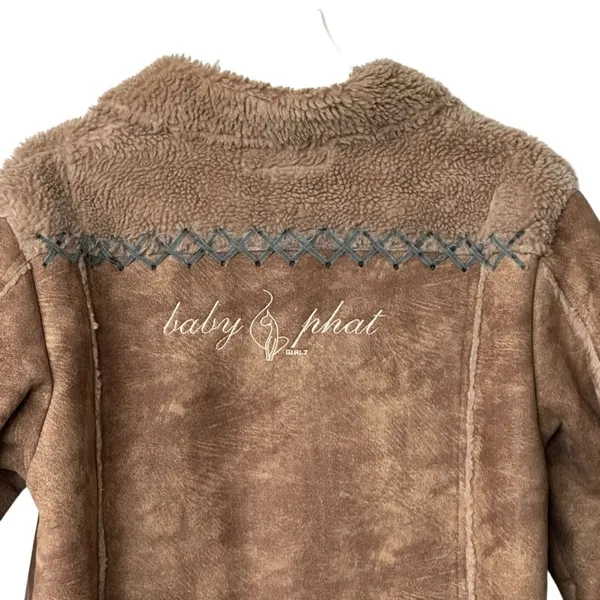 VTG Baby Phat Girlz Y2K Sherpa Coat faux suede Tan Toggle Embroidered Logo - Image 6