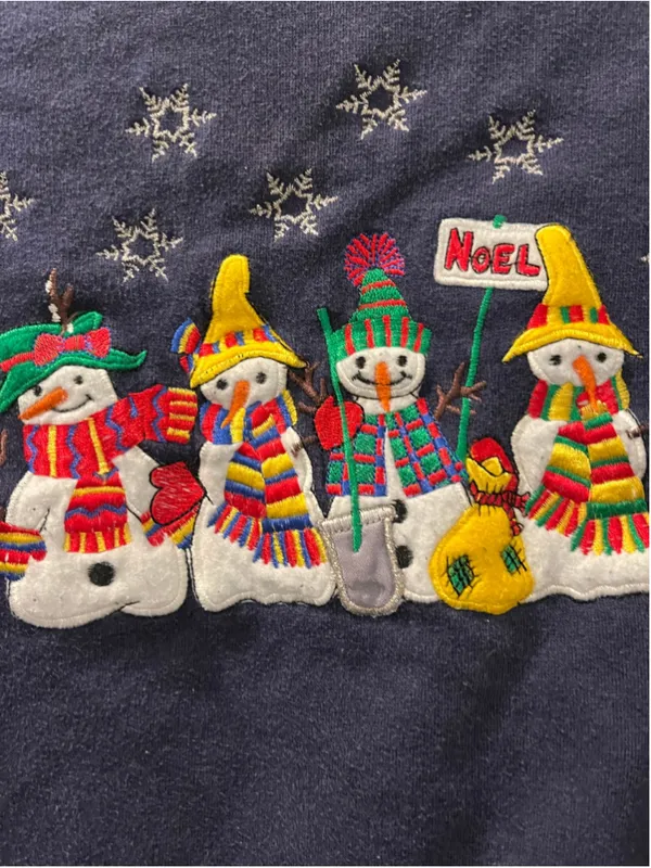 Vintage 90s NutCracker Snowman Embroidered Crewneck Sweatshirt Navy Blue Medium - Image 7