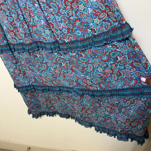 J. Jill Women Boho Maxi Dress Small Blue Paisley‎ Tiered Ruffle Cottage Resort - Image 4