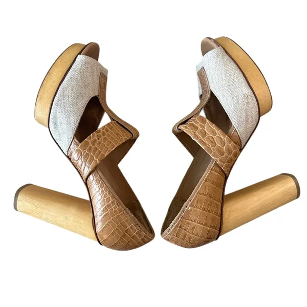 Tory Burch Georgina Linen Platform Heels Croc Leather Peep Toe‎ Sz 9 - Image 10