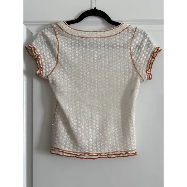 Free People White Garner Tee Pointelle Floral Lettuce Edge Trim Cotton Small - Image 6