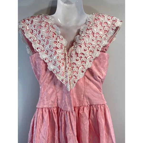 Vintage Alfred Angelo Floral Jacquard Midi Dress Lace Trim‎ Basque Waist 80s XS - Image 7