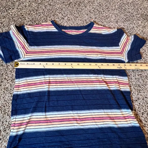 American Eagle Womens‎ XS Striped Pocket Tee Navy Blue Pink Yellow Short Sleeve - Image 3