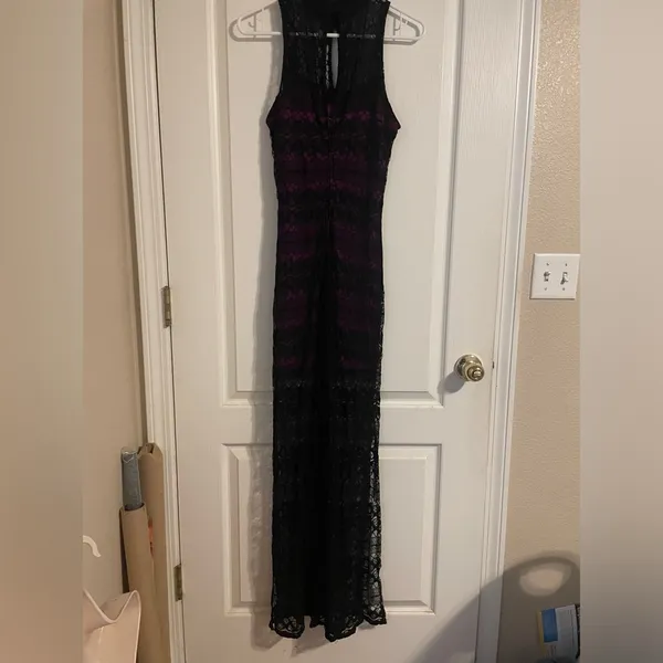 Fredrick’s Of Hollywood Sheer Purple Black Lace Maxi Dress Size Medium - Image 2