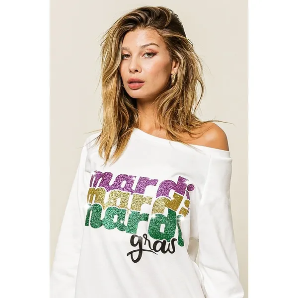BiBi Mardi Gras Glitter Lettering Sweatshirt - Off White - Small - Image 5