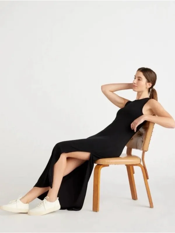 Quince Tencel Tank Maxi Dress Small Black Slit Minimal Vacation Classic Chic - Image 3