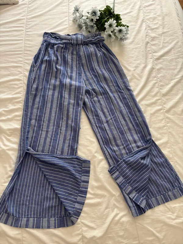 Pull-On Wide Leg Minimalist ResortWear Striped Blue White 100% Cotton Pants Sz S - Image 6