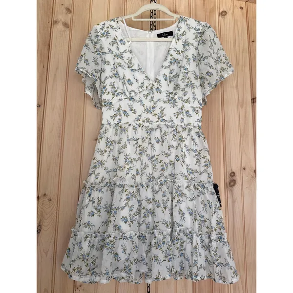 NWT Lulus So True White Floral Print Tiered Short Sleeve Mini Dress Casual Sz S - Image 2