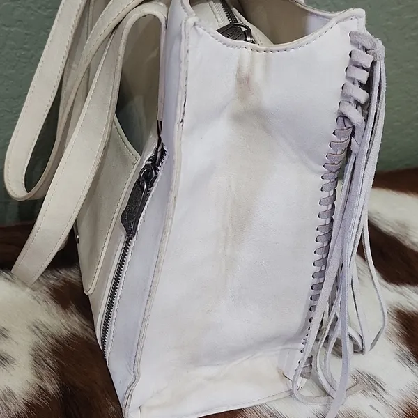 Neutral Cowhide Fringe Satchel Tote - Stylish Everyday Bag - Image 5