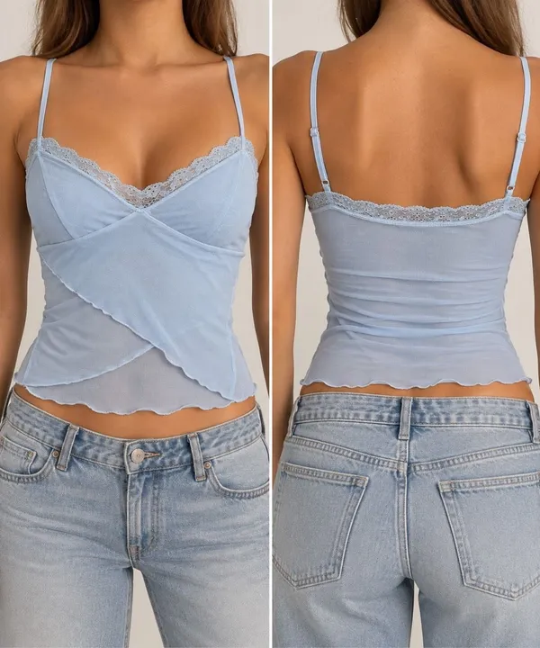 Edikted Blue Lace Mesh Wrap Cami Top Size Small Y2K Fairy Grunge - Image 2