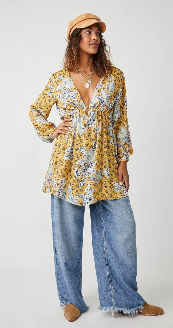 Free People NWT Soli Golden Hour Combo Yellow V-Neck Long Sleeve Mini Dress - Image 4