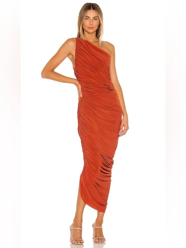 NEW NWT Norma Kamali Diana Gown One Shoulder Ruched Bodycon Maxi Dress Cinnamon - Image 2