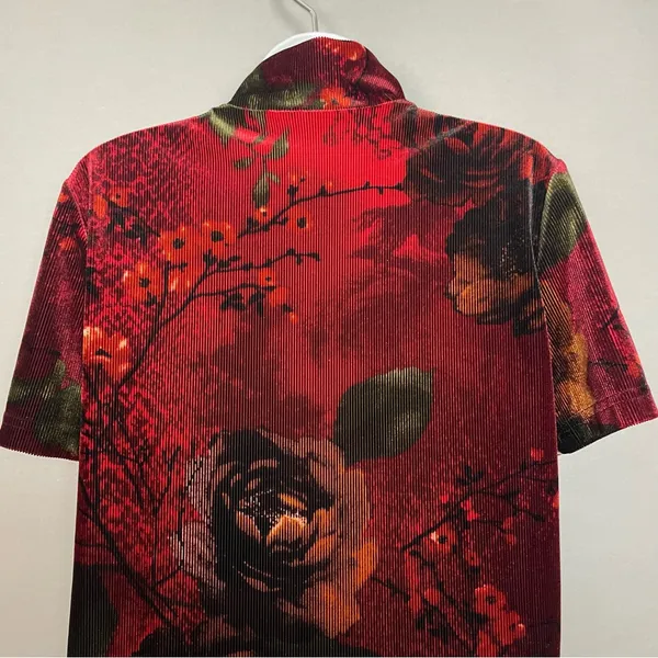 Vintage Floral Top Velvety Ribbed Short Sleeves Deep Red Mock Neck‎ Women Medium - Image 7