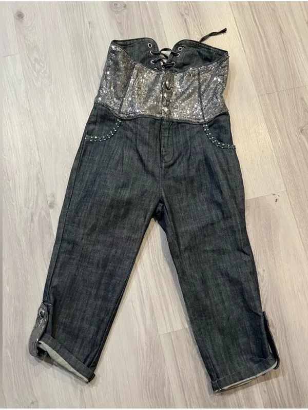 Sequin Denim Overalls‎ Gray Size L - Image 7