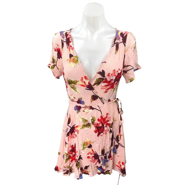 Lulus Cherished Love Pink Floral Short Sleeve Mini Fit & Flare Wrap Dress Size M - Image 2