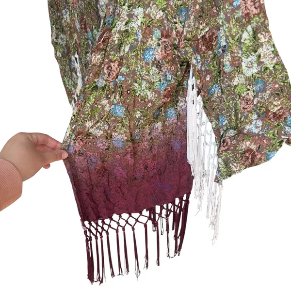 BKE Gimmicks Boho Hippie Floral Kimono Cardigan Fringe Ombre Sheer‎ Festival M - Image 4