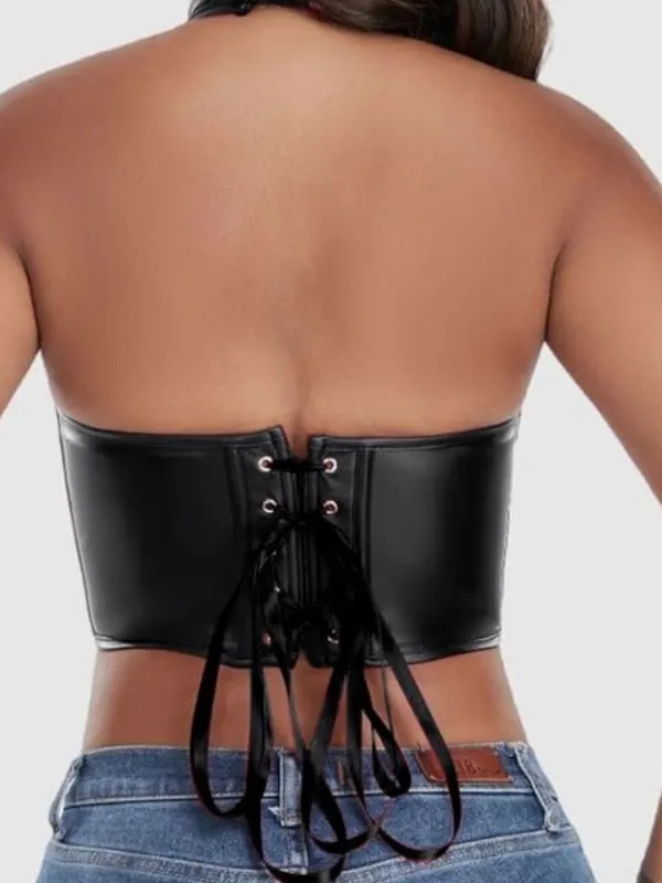 PU Leather Crop Top Women's Hook Eye Backless Halterneck NWOT size Xlarge - Image 3