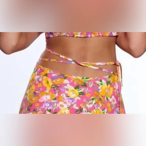 Zara Women’s Spring Pink Orange‎ Purple Floral Wrap Side Tie Skirt Size Small - Image 3