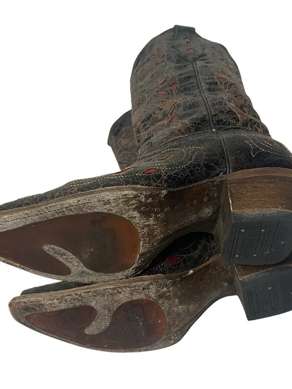 CORRAL Black Crackle Red Inlay Snip Toe Western Cowboy Boots Size 8M A1951 - Image 5