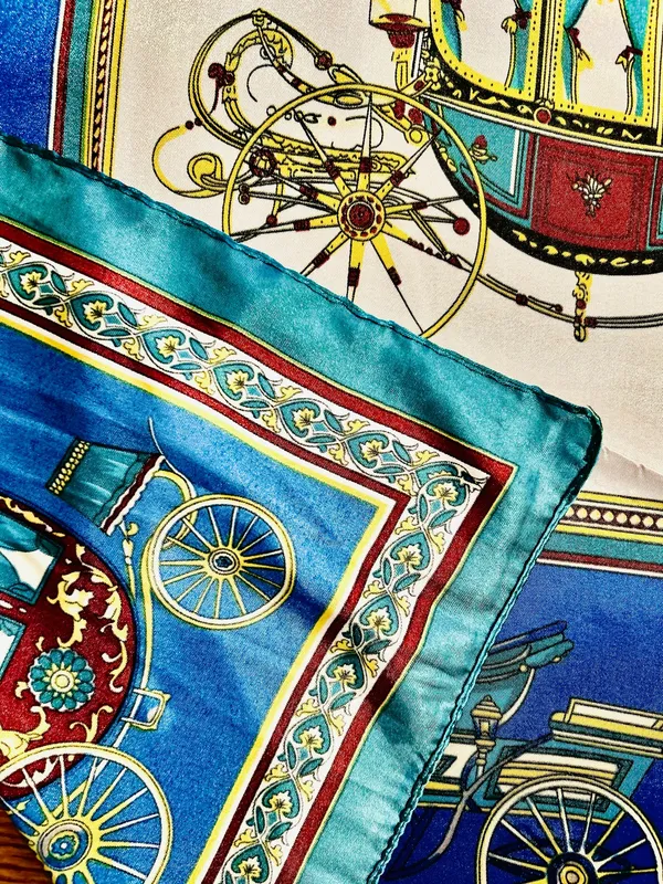 VINTAGE EQUESTRIAN horse&carriage ROYAL BLUE silky SCARF 35’/35’ inches - Image 17