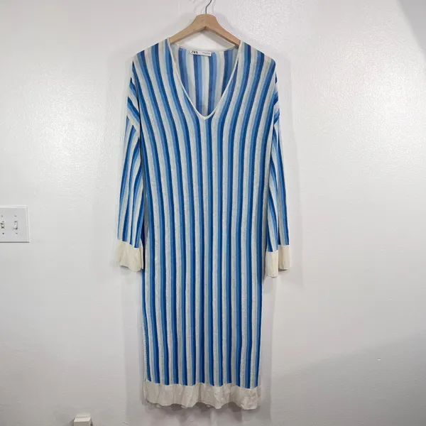 Zara Knit Dress Women's Medium Blue‎ White Vertical Stripe Linen Blend Maxi Slit - Image 2